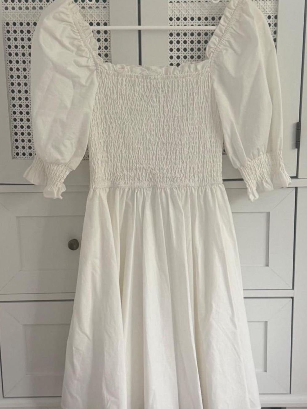 Blue Rain White Smocked Bodice Puffer Sleeve Mini/Midi Dress - Size S